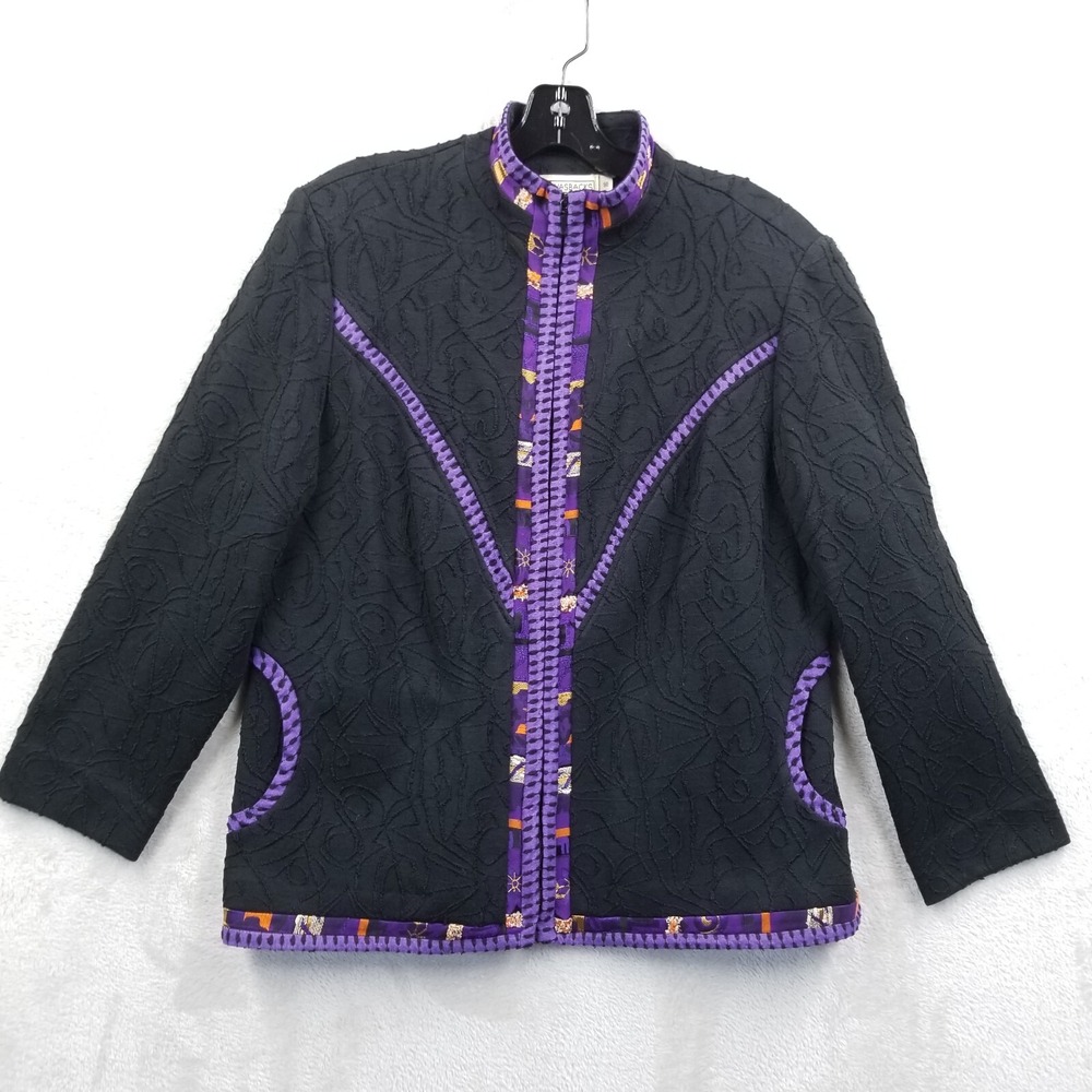 Vtg Jacket Women 16 Black‎ Purple Wool Angora Stretch Pockets Textured Artsy USA